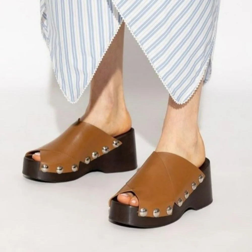 Final Price Ganni Retro Leather Platform Clogs Mules Sandal Tigers Eye MSRP $575 - Picture 8 of 17